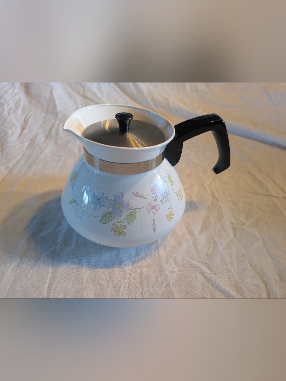 2/60$ Corningware White Coffee Pot with Pastel Floral Design and Black Handle